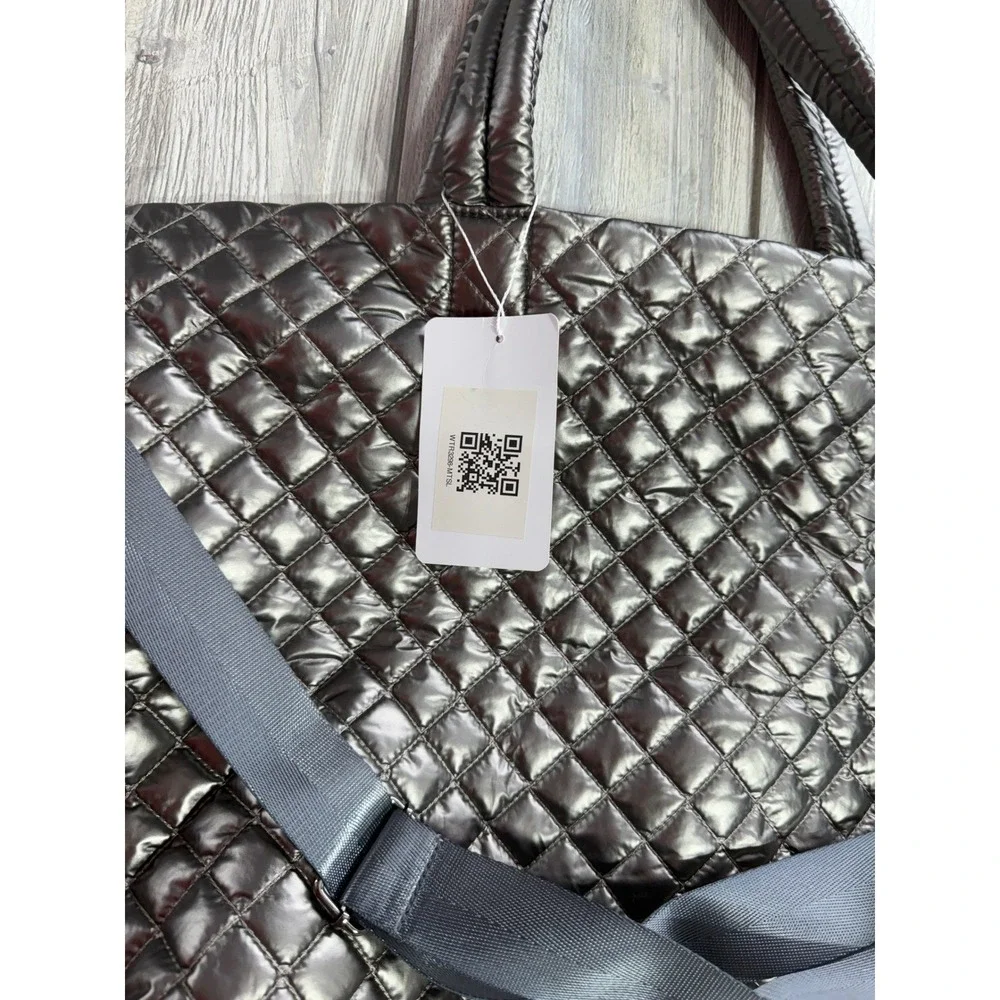 Marleylilly Quilted Weekender Bag Metallic Gunmetal Gray Puffer Travel Tote NWT
